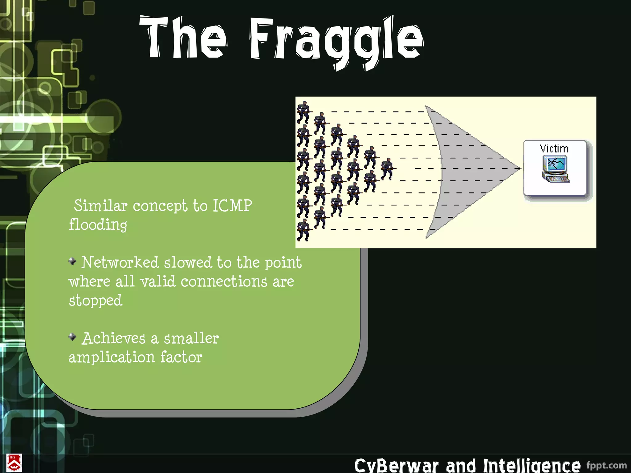 The Fraggle

 Similar concept to ICMP
flooding

  Networked slowed to the point
where all valid connections are
stopped

 Achieves a smaller
amplication factor




                                  CyBerwar and Intelligence
 