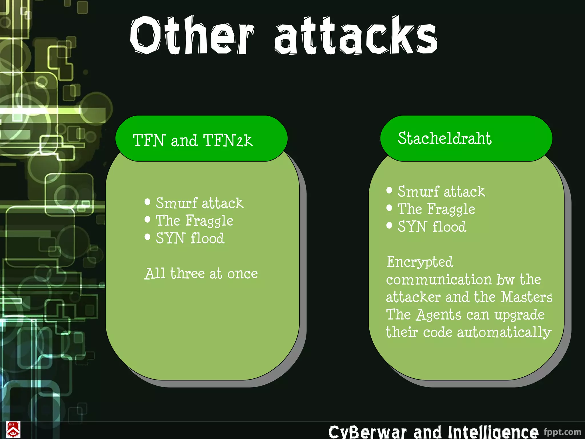 Other attacks
TFN and TFN2k                Stacheldraht


                           • Smurf attack
 • Smurf attack            • The Fraggle
 • The Fraggle             • SYN flood
 • SYN flood
                           Encrypted
 All three at once         communication bw the
                           attacker and the Masters
                           The Agents can upgrade
                           their code automatically




                     CyBerwar and Intelligence
 