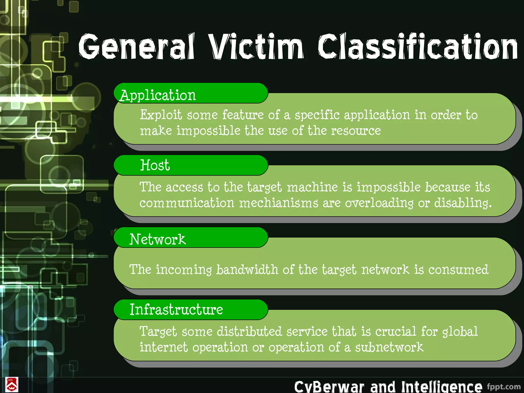 General Victim Classification
  Application
    Exploit some feature of a specific application in order to
    make impossible the use of the resource

    Host
    The access to the target machine is impossible because its
    communication mechianisms are overloading or disabling.

   Network

   The incoming bandwidth of the target network is consumed


   Infrastructure
    Target some distributed service that is crucial for global
    internet operation or operation of a subnetwork


                              CyBerwar and Intelligence
 