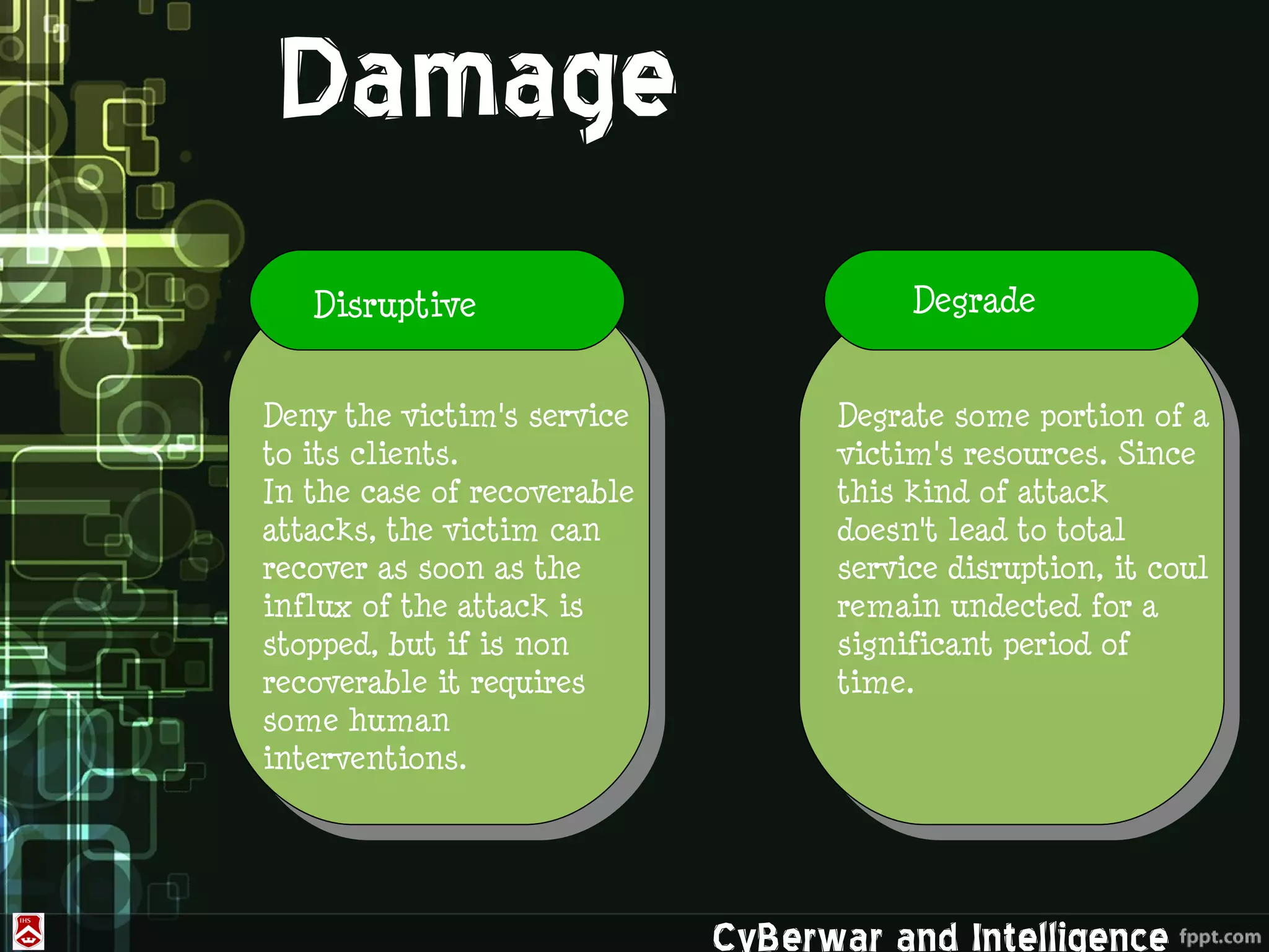 Damage
   Disruptive                           Degrade


Deny the victim's service          Degrate some portion of a
to its clients.                    victim's resources. Since
In the case of recoverable         this kind of attack
attacks, the victim can            doesn't lead to total
recover as soon as the             service disruption, it coul
influx of the attack is            remain undected for a
stopped, but if is non             significant period of
recoverable it requires            time.
some human
interventions.




                             CyBerwar and Intelligence
 