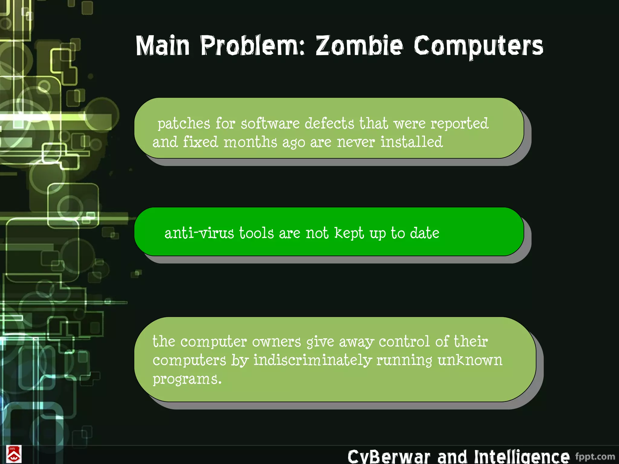 Main Problem: Zombie Computers

  patches for software defects that were reported
 and fixed months ago are never installed




  anti-virus tools are not kept up to date




 the computer owners give away control of their
 computers by indiscriminately running unknown
 programs.




                            CyBerwar and Intelligence
 