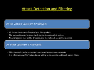 Attack Detection and Filtering
On the Victim’s Upstream ISP Network:
• Victim sends requests frequently to filter packets
• The automation can be done by designing intrusion alert systems
• Normal packets may still be dropped, and the network can still be jammed
On other Upstream ISP Networks:
• This approach can be extended to some other upstream networks
• It is effective only if ISP networks are willing to co-operate and install packet filters
 
