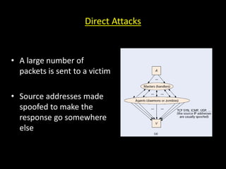 Direct Attacks
• A large number of
packets is sent to a victim
• Source addresses made
spoofed to make the
response go somewhere
else
 