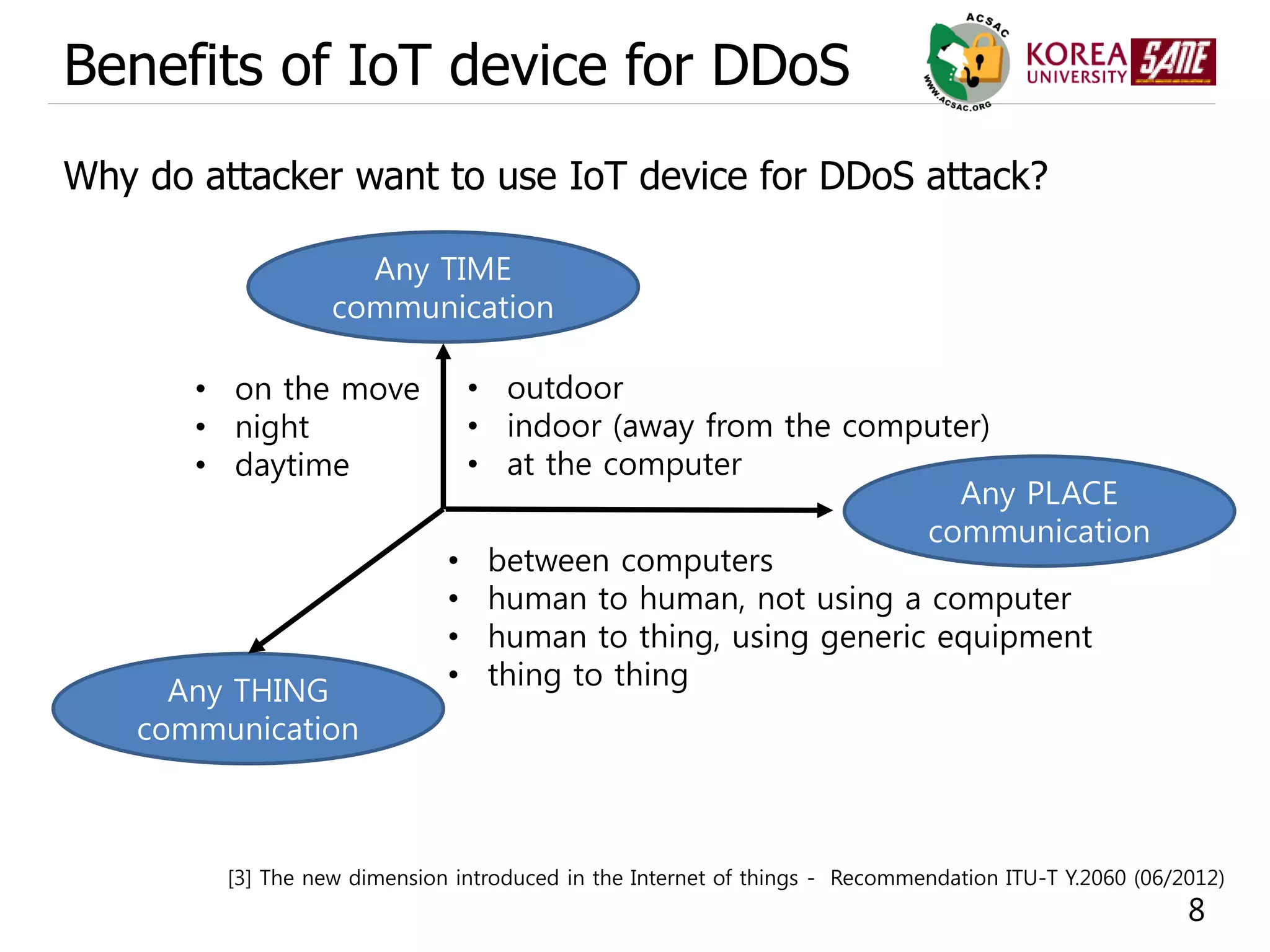 8
Benefits of IoT device for DDoS
Why do attacker want to use IoT device for DDoS attack?
Any TIME
communication
Any THING
communication
Any PLACE
communication
• on the move
• night
• daytime
• outdoor
• indoor (away from the computer)
• at the computer
• between computers
• human to human, not using a computer
• human to thing, using generic equipment
• thing to thing
[3] The new dimension introduced in the Internet of things - Recommendation ITU-T Y.2060 (06/2012)
 