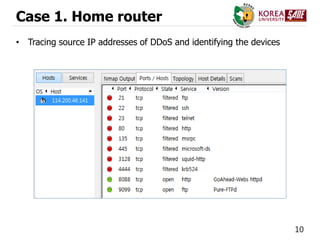 10
Case 1. Home router
• Tracing source IP addresses of DDoS and identifying the devices
 