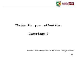 31
E-Mail : zizihacker@korea.ac.kr, zizihacker@gmail.com
Thanks for your attention.
Questions ?
 