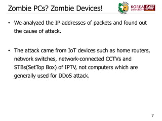 7
Zombie PCs? Zombie Devices!
• We analyzed the IP addresses of packets and found out
the cause of attack.
• The attack came from IoT devices such as home routers,
network switches, network-connected CCTVs and
STBs(SetTop Box) of IPTV, not computers which are
generally used for DDoS attack.
 