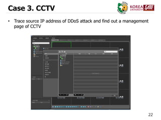 22
Case 3. CCTV
• Trace source IP address of DDoS attack and find out a management
page of CCTV
 