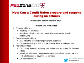 How Can a Credit Union prepare and respond
during an attack?
An attack can be from hours to days…
Three Phases Are Needed
1. Pre-Attack Phase –
• Readying for an attack
• Securing mitigation solutions, deploying appropriate security
systems, etc.
2. During the Attack Phase
• Assemble the required manpower and expertise
• Considering that you may only experience a few attacks per year
3. Post-Attack Phase
• Conducting forensics, drawing conclusions and improving for the next
attack
• Search for additional competencies externally - from security experts,
vertical alliances, or government services.
• On-demand service Live Tweet from the event!
@TheRedZoneCIO
 