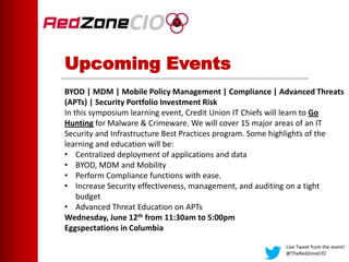 Upcoming Events
Live Tweet from the event!
@TheRedZoneCIO
BYOD | MDM | Mobile Policy Management | Compliance | Advanced Threats
(APTs) | Security Portfolio Investment Risk
In this symposium learning event, Credit Union IT Chiefs will learn to Go
Hunting for Malware & Crimeware. We will cover 15 major areas of an IT
Security and Infrastructure Best Practices program. Some highlights of the
learning and education will be:
• Centralized deployment of applications and data
• BYOD, MDM and Mobility
• Perform Compliance functions with ease.
• Increase Security effectiveness, management, and auditing on a tight
budget
• Advanced Threat Education on APTs
Wednesday, June 12th from 11:30am to 5:00pm
Eggspectations in Columbia
 