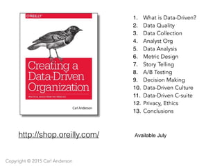 Available July
1. What is Data-Driven?
2. Data Quality
3. Data Collection
4. Analyst Org
5. Data Analysis
6. Metric Design
7. Story Telling
8. A/B Testing
9. Decision Making
10. Data-Driven Culture
11. Data-Driven C-suite
12. Privacy, Ethics
13. Conclusions
http://shop.oreilly.com/
Copyright © 2015 Carl Anderson
 