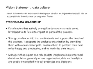 Vision Statement: data culture
STRONG DATA LEADERSHIP
• Data leaders that actively evangelize data as a strategic asset,
leveraged to its fullest to impact all parts of the business.
• Strong data leadership that understands and support the needs of
the business. It supports the analytics organization by providing
them with a clear career path, enables them to perform their best,
to be happy and productive, and to maximize their impact.
• Managers that expect and rely on data insights to make informed
decisions. More generally across organization, data and analytics
are deeply embedded into our processes and decisions
vision statement—an aspirational description of what an organization would like to
accomplish in the mid-term or long-term future
 
