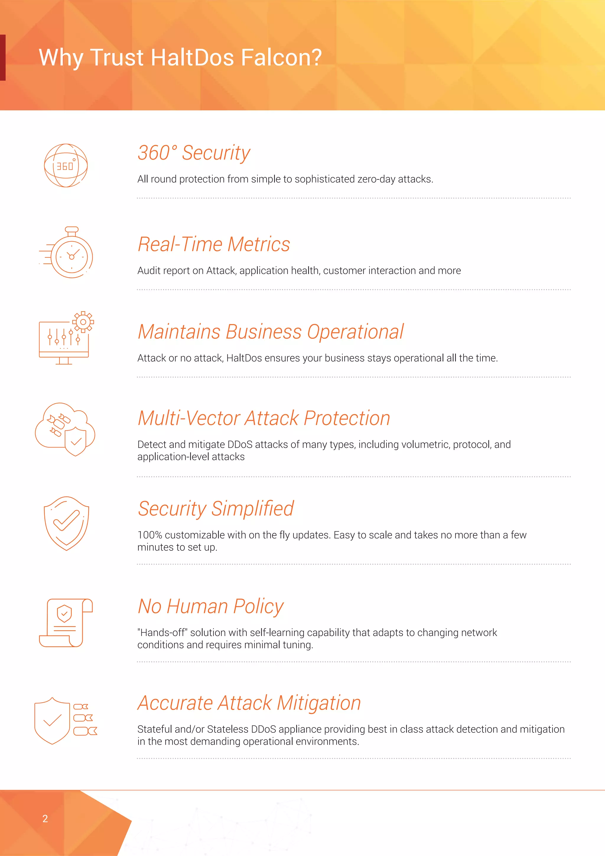 Why Trust HaltDos Falcon?
2
360° Security
All round protection from simple to sophisticated zero-day attacks.
Real-Time Metrics
Audit report on Attack, application health, customer interaction and more
Maintains Business Operational
Attack or no attack, HaltDos ensures your business stays operational all the time.
Multi-Vector Attack Protection
Detect and mitigate DDoS attacks of many types, including volumetric, protocol, and
application-level attacks
Security Simpliﬁed
100% customizable with on the fly updates. Easy to scale and takes no more than a few
minutes to set up.
No Human Policy
"Hands-off" solution with self-learning capability that adapts to changing network
conditions and requires minimal tuning.
Accurate Attack Mitigation
Stateful and/or Stateless DDoS appliance providing best in class attack detection and mitigation
in the most demanding operational environments.
 