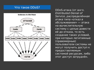 Что такое DDoS?
                  DDoS-атака (от англ.
                  Distributed Denial of
                  Service, распределённая
                  атака типа «отказ в
                  обслуживании» — атака
                  на вычислительную
                  систему с целью довести
                  её до отказа, то есть
                  создание таких условий,
                  при которых легитимные
                  (правомерные)
                  пользователи системы не
                  могут получить доступ к
                  предоставляемым
                  системой ресурсам, либо
                  этот доступ затруднён.
 