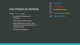FIVE STAGES OF DEFENSE
DDOS Mitigation plans
• Geographic Infrastructure
Diversity
• Hybrid Cloud Infrastructure
• Multi WAN Entry point for Large
Enterprise and help from ISP to re-
route the traffic
• Get help from experts
Blocking Access
Awareness
Finding Adversaries
Protecting Target Access
Mitigation Plans
 