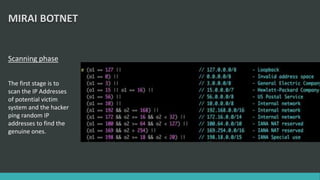 MIRAI BOTNET
Scanning phase
The first stage is to
scan the IP Addresses
of potential victim
system and the hacker
ping random IP
addresses to find the
genuine ones.
 