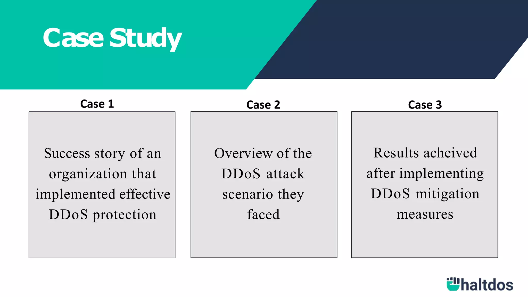 Case Study
Success story of an
organization that
implemented effective
DDoS protection
Overview of the
DDoS attack
scenario they
faced
Results acheived
after implementing
DDoS mitigation
measures
Case 1 Case 2 Case 3
 