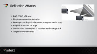 DNS, SSDP, NTP, etc.
Most common attacks today
Leverage the disparity between a request and a reply
Amplification can be huge
Source IP of the request is spoofed as the target’s IP
Target is overwhelmed
Reflection Attacks
 