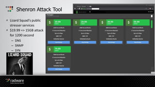 Lizard Squad‘s public
stresser services
$19.99 => 15GB attack
for 1200 second
– DNS
– SNMP
– SYN
Shenron Attack Tool
 