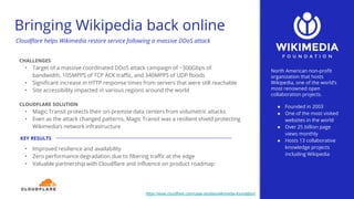 North American non-profit
organization that hosts
Wikipedia, one of the world’s
most renowned open
collaboration projects.
● Founded in 2003
● One of the most visited
websites in the world
● Over 25 billion page
views monthly
● Hosts 13 collaborative
knowledge projects
including Wikipedia
CHALLENGES
• Target of a massive coordinated DDoS attack campaign of ~300Gbps of
bandwidth, 105MPPS of TCP ACK traffic, and 340MPPS of UDP floods
• Significant increase in HTTP response times from servers that were still reachable
• Site accessibility impacted in various regions around the world
CLOUDFLARE SOLUTION
• Magic Transit protects their on-premise data centers from volumetric attacks
• Even as the attack changed patterns, Magic Transit was a resilient shield protecting
Wikimedia’s network infrastructure
• Improved resilience and availability
• Zero performance degradation due to filtering traffic at the edge
• Valuable partnership with Cloudflare and influence on product roadmap
KEY RESULTS
Cloudflare helps Wikimedia restore service following a massive DDoS attack
https://www.cloudflare.com/case-studies/wikimedia-foundation/
Bringing Wikipedia back online
 