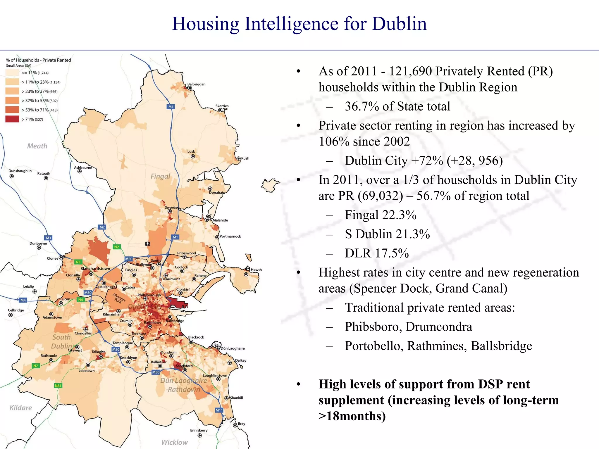 Housing Intelligence for Dublin
• As of 2011 - 121,690 Privately Rented (PR)
households within the Dublin Region
– 36.7% of State total
• Private sector renting in region has increased by
106% since 2002
– Dublin City +72% (+28, 956)
• In 2011, over a 1/3 of households in Dublin City
are PR (69,032) – 56.7% of region total
– Fingal 22.3%
– S Dublin 21.3%
– DLR 17.5%
• Highest rates in city centre and new regeneration
areas (Spencer Dock, Grand Canal)
– Traditional private rented areas:
– Phibsboro, Drumcondra
– Portobello, Rathmines, Ballsbridge
• High levels of support from DSP rent
supplement (increasing levels of long-term
>18months)
 
