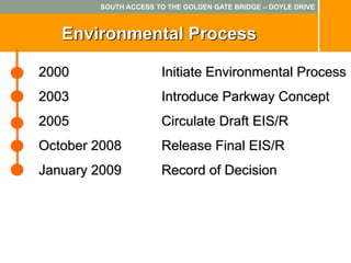 SOUTH ACCESS TO THE GOLDEN GATE BRIDGE – DOYLE DRIVE



   Environmental Process

2000                  Initiate Environmental Process
2003                  Introduce Parkway Concept
2005                  Circulate Draft EIS/R
October 2008          Release Final EIS/R
January 2009          Record of Decision
 