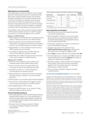 Bio-Rad Laboratories, Inc.
2000 Alfred Nobel Drive, Hercules, CA 94547
510-741-1000 D096172 Ver D (10028376) 17-0888 0817
QX200™ ddPCR™ EvaGreen® Supermix
EvaGreen is a trademark of Biotium, Inc. Bio-Rad Laboratories, Inc. is licensed
by Biotium, Inc. to sell reagents containing EvaGreen Dye for use in real-time
PCR, for research purposes only. FAM is a trademark of Applera Corporation.
Bio-Rad’s real-time thermal cyclers are covered by one or more of the following
U.S. patents or their foreign counterparts owned by Eppendorf AG: U.S. Patent
Numbers 6,767,512 and 7,074,367.
The QX100 or QX200 Droplet Digital PCR System and/or its use is covered by
claims of U.S. patents, and/or pending U.S. and non-U.S. patent applications
owned by or under license to Bio-Rad Laboratories, Inc. Purchase of the
product includes a limited, non-transferable right under such intellectual
property for use of the product for internal research purposes only. No rights
are granted for diagnostic uses. No rights are granted for use of the product for
commercial applications of any kind, including but not limited to manufacturing,
quality control, or commercial services, such as contract services or fee for
services. Information concerning a license for such uses can be obtained
from Bio-Rad Laboratories. It is the responsibility of the purchaser/end user
to acquire any additional intellectual property rights that may be required.
DNA Digestion (recommended)
DNA fragmentation by restriction digestion prior to droplet
generation enables optimal accuracy by separating tandem
gene copies, reducing sample viscosity, and improving
template accessibility for input samples between 66 and
100 ng per well. Restriction digestion improves overall
performance of ddPCR across applications. Choose a
restriction endonuclease that does not cut either the target
or reference amplicon and that is insensitive to methylation.
Four-base cutters and high-fidelity enzymes are preferred.
Two strategies may be used to perform restriction digestion
of DNA samples: digestion directly in the ddPCR reaction
during setup, or conventional digestion prior to ddPCR.
Digestion in ddPCR Reaction
■■
Efficient digestion of sample DNA can be achieved by direct 	
	 addition of restriction enzymes to the ddPCR reaction
■■
Dilute the restriction enzyme using the recommended 	
	 diluent buffer according to the manufacturer’s instructions, 	
	 and add 1 µl to the ddPCR reaction as outlined in Table 1
■■
Approximately 2–5 units of restriction enzyme per 20 µl 	
	 ddPCR reaction are recommended
■■
The addition of restriction enzyme buffers with high
	 salt can inhibit ddPCR and should be avoided
■■
HaeIII, MseI, AluI, HindIII, and CviQI have been observed
	 to work well for digestions in ddPCR reactions
Digestion Prior to ddPCR
■■
Restriction enzyme digestion can be carried out as
	 a separate reaction before ddPCR reaction setup
■■
Use 5–10 enzyme units per microgram DNA, and 		
	 10–20 enzyme units per microgram genomic DNA
■■
Incubate the reaction for 1 hr at the temperature 		
	 recommended for the restriction enzyme
■■
Heat inactivation is not required, but can be considered
	 if long-term storage is required; do not heat inactivate
	 above 65°C
■■ DNA purification is not necessary after restriction digestion
■■
Use a minimum 10-fold dilution of the digest to reduce
	 the salt content of the sample in the ddPCR reaction
■■
Store digested DNA at –20°C or below
■■
Prepare the ddPCR reaction mix, as outlined in Table 1, 	
	 without the diluted restriction enzyme
Thermal Cycling Conditions
1. After droplet generation with the QX200 Droplet Generator, 	
	 carefully transfer droplets into a clean 96-well plate, or 	
	 remove the droplet plate containing ddPCR droplets from
	 the Automated Droplet Generator. Seal the plate with the
	 PX1 PCR Plate Sealer.
2. Proceed to thermal cycling (see protocol in Table 2)
	 and subsequent reading of droplets in the QX200
	 Droplet Reader.
Table 2. Cycling conditions for Bio-Rad’s C1000 Touch Thermal Cycler.*
Cycling Step Temperature, ºC Time Ramp Rate
Number
of Cycles
Enzyme activation 95 5 min
2°C/sec
1
Denaturation 95 30 sec 40
Annealing/extension 60 1 min 40
Signal stabilization
4 5 min 1
90 5 min 1
Hold (optional) 4 Infinite 1
* Use a heated lid set to 105°C and set the sample volume to 40 µl.
Data Acquisition and Analysis
1. After thermal cycling, place the sealed 96-well plate
	 in the QX200 Droplet Reader.
2. Open QuantaSoft™
Software to set up a new plate
	 layout according to the experimental design. Refer to
	 the QX200 Droplet Reader and QuantaSoft Software
	 Instruction Manual (#10031906).
3. Under Setup, double click on a well in the plate layout
	 to open the Well Editor dialog box.
4. Designate the sample name, experiment type,
	 QX200 ddPCR EvaGreen Supermix as the supermix
	 type, target name, and target type: Ch1 for FAM.
5. Select Apply to load the wells and when finished, select OK.
6. Once the plate layout is complete, select Run to begin the 	
	 droplet reading process. Select EvaGreen as the dye set 	
	 used and run options when prompted.
7. After data acquisition, select samples in the well selector 	
	 under Analyze. Examine the automatic thresholding 		
	 applied to the 1-D amplitude data and, if necessary,
	 set thresholds or clusters manually.
8. The concentration reported is copies/µl of the final
	 1x ddPCR reaction.
Visit bio-rad.com/ddPCRsmxEvaG for more information.
 