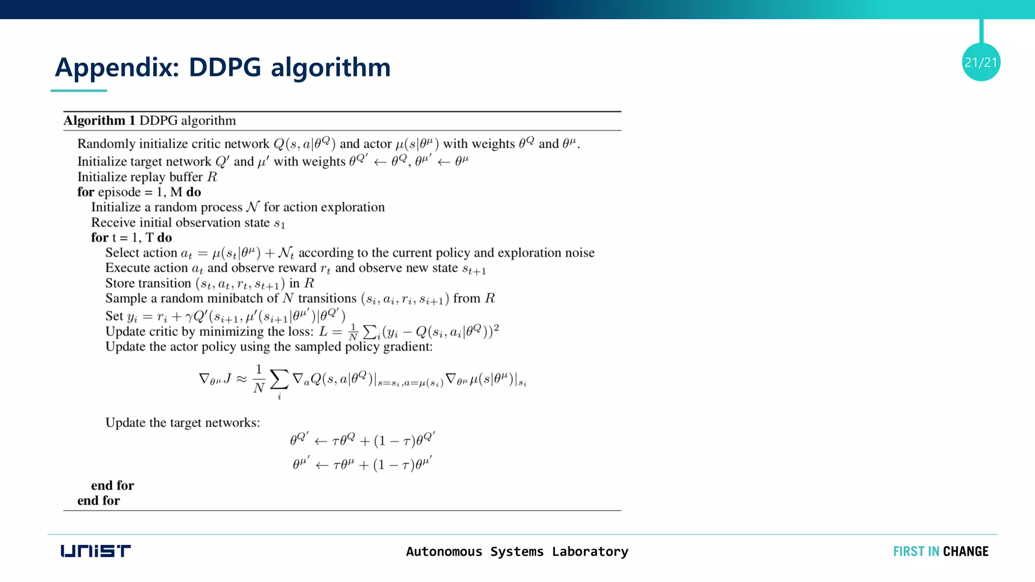 Autonomous Systems Laboratory
21/21
Appendix: DDPG algorithm
 
