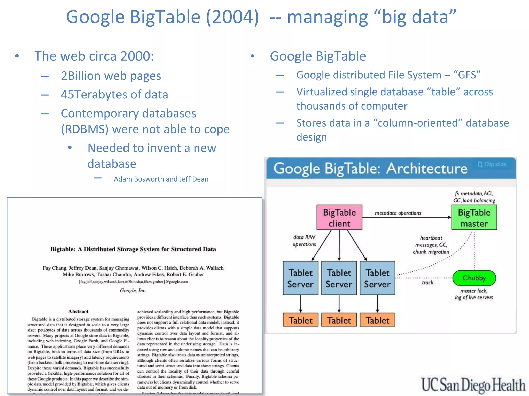 Google BigTable (2004) -- managing “big data”
• The web circa 2000:
– 2Billion web pages
– 45Terabytes of data
– Contemporary databases
(RDBMS) were not able to cope
• Needed to invent a new
database
– Adam Bosworth and Jeff Dean
• Google BigTable
– Google distributed File System – “GFS”
– Virtualized single database “table” across
thousands of computer
– Stores data in a “column-oriented” database
design
 