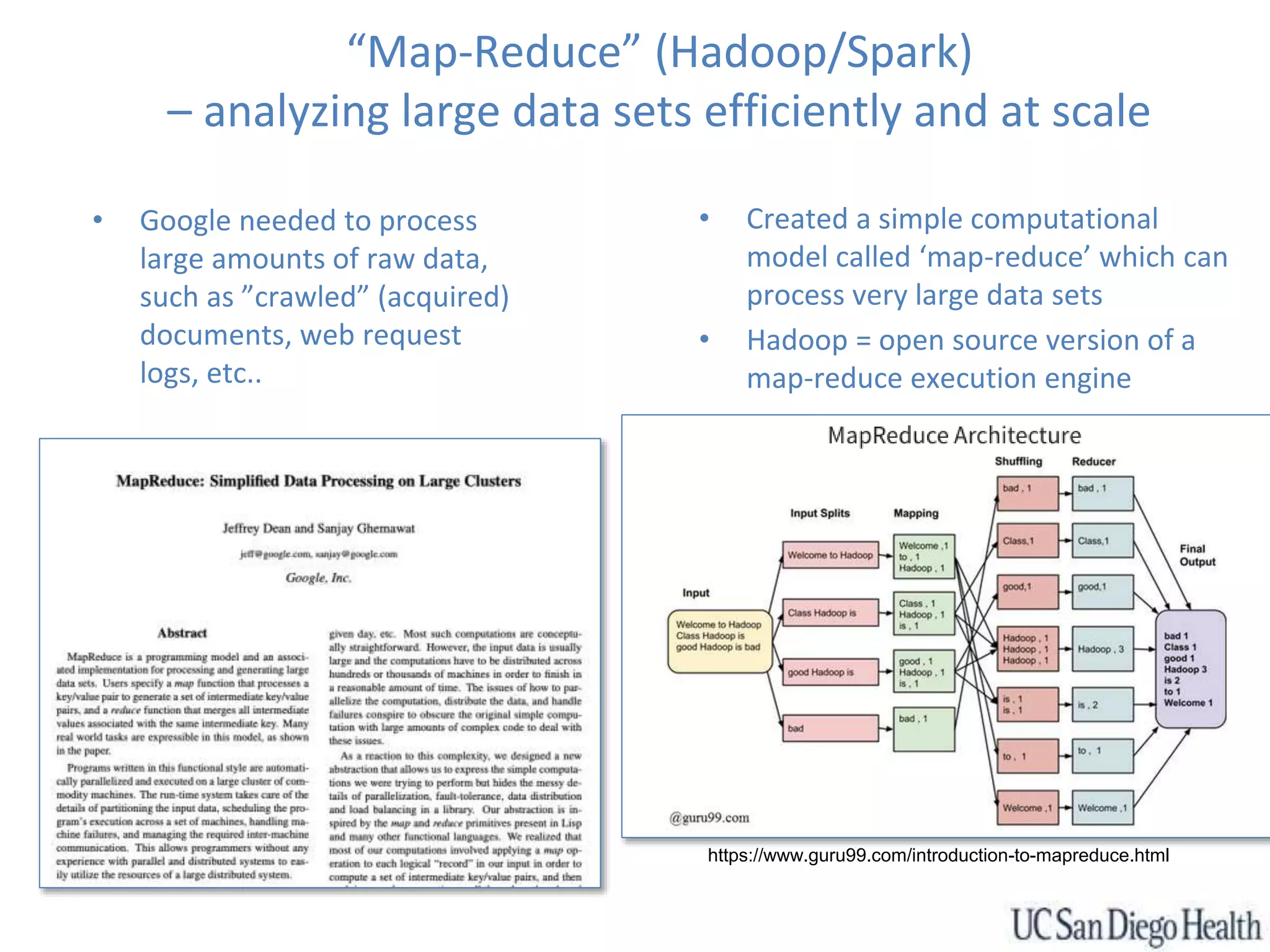 “Map-Reduce” (Hadoop/Spark)
– analyzing large data sets efficiently and at scale
• Google needed to process
large amounts of raw data,
such as ”crawled” (acquired)
documents, web request
logs, etc..
• Created a simple computational
model called ‘map-reduce’ which can
process very large data sets
• Hadoop = open source version of a
map-reduce execution engine
https://www.guru99.com/introduction-to-mapreduce.html
 