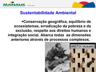 Sustentabilidade Ambiental Conservação geográfica, equilíbrio de ecossistemas, erradicação da pobreza e da exclusão, respeito aos direitos humanos e integração social. Abarca todas  as dimensões anteriores através de processos complexos.  