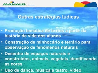 Outras estratégias lúdicas Produção temática de textos a partir da história de vida dos alunos Construção de minhocário e terrário para observação de fenômenos naturais Desenho de espaços naturais e construídos, animais, vegetais identificando as cores Uso de dança, música e teatro, vídeo   