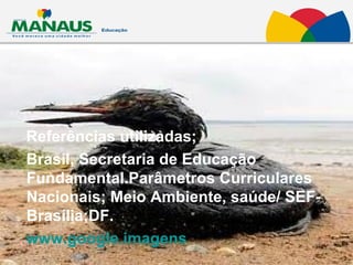 Referências utilizadas; Brasil, Secretaria de Educação Fundamental.Parâmetros Curriculares Nacionais; Meio Ambiente, saúde/ SEF- Brasília;DF. www.google.imagens 