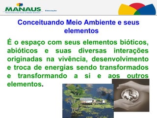 Conceituando Meio Ambiente e seus elementos É o espaço com seus elementos bióticos, abióticos e suas diversas interações originadas na vivência, desenvolvimento e troca de energias sendo transformados e transformando a si e aos outros elementos . 
