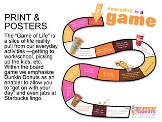 PRINT & POSTERS The “Game of Life” is a slice of life reality pull from our everyday activities — g etting to work/school, picking up the kids, etc. Within the board game we emphasize Dunkin Donuts as an enabler to allow you to “get on with your day” and even jabs at Starbucks lingo. 