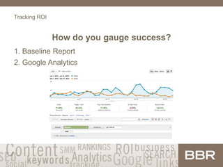Tracking ROI
How do you gauge success?
1. Baseline Report
2. Google Analytics
 