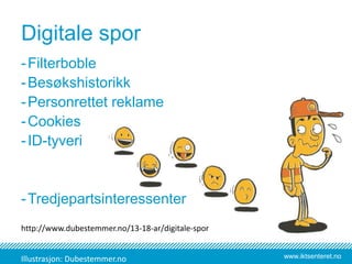 www.iktsenteret.no
Digitale spor
-Filterboble
-Besøkshistorikk
-Personrettet reklame
-Cookies
-ID-tyveri
-Tredjepartsinteressenter
http://www.dubestemmer.no/13-18-ar/digitale-spor
Illustrasjon: Dubestemmer.no
 