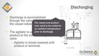 Discharging
 Discharge is accomplished
through the valve/port located on
the vessel sidewall.
 The agitator is used to move
product to the side discharge
valve
―Agitator is slowly lowered until
product is removed.
.
..The vessel and product
may need to be cooled to
an ambient temperature
prior to discharge.
 