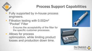 Process Support Capabilities
 Fully supported by in-house process
engineers.
 Filtration testing with 0.002m²
“Pocket” Filter
―Ensures the acceptability of the filter for
the specific customer processes.
 Allows for process
optimization, while limiting product
losses and production down time.
 