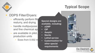 Typical Scope
 DDPS Filter/Dryers:
– efficiently perform filtration, washing,
reslurry, and drying
– handle multipurpose pharmaceutical
and fine chemical applications
– are available in pilot, semi-works, and
production units
• Sizes from 0.002 m² to 16.0 m²
Special designs are
available, including:
• cGMP
• CIP
• Aseptic
• Sterile
• Lethal service
• Customization for
other special
requirements
 