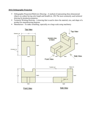 [011] Orthographic Projection

      Orthographic Projection/Multiview Drawing - A method of representing three-dimensional
       objects on a plane having only length and breadth (ie. 2D) The most commonly used technical
       drawing for production purposes
      Technical Working Drawing - A drawing that is used to show the material, size, and shape of a
       product for manufacturing purposes
      Manufacture - To make something, especially on a large scale using machinery
 