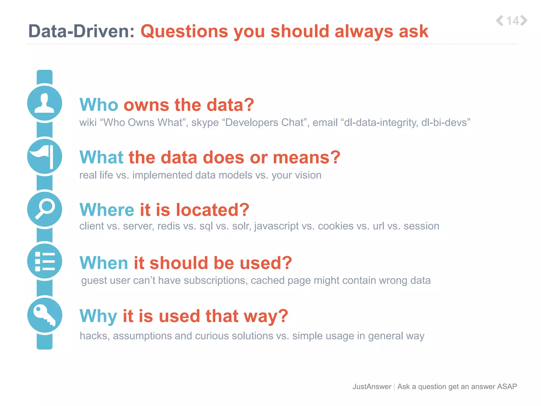 Data-Driven: Questions you should always ask 
11 
client vs. server, redis vs. sql vs. solr, javascript vs. cookies vs. url vs. session 
guest user can’t have subscriptions, cached page might contain wrong data 
JustAnswer | Ask a question get an answer ASAP 
Who owns the data? 
“Who Owns What”, skype Chats, email BI team 
What the data does or means? 
real life vs. implemented data models vs. your vision 
Where it is located? 
When it should be used? 
Why it is used that way? 
hacks, assumptions and curious solutions vs. simple usage in general way 
 