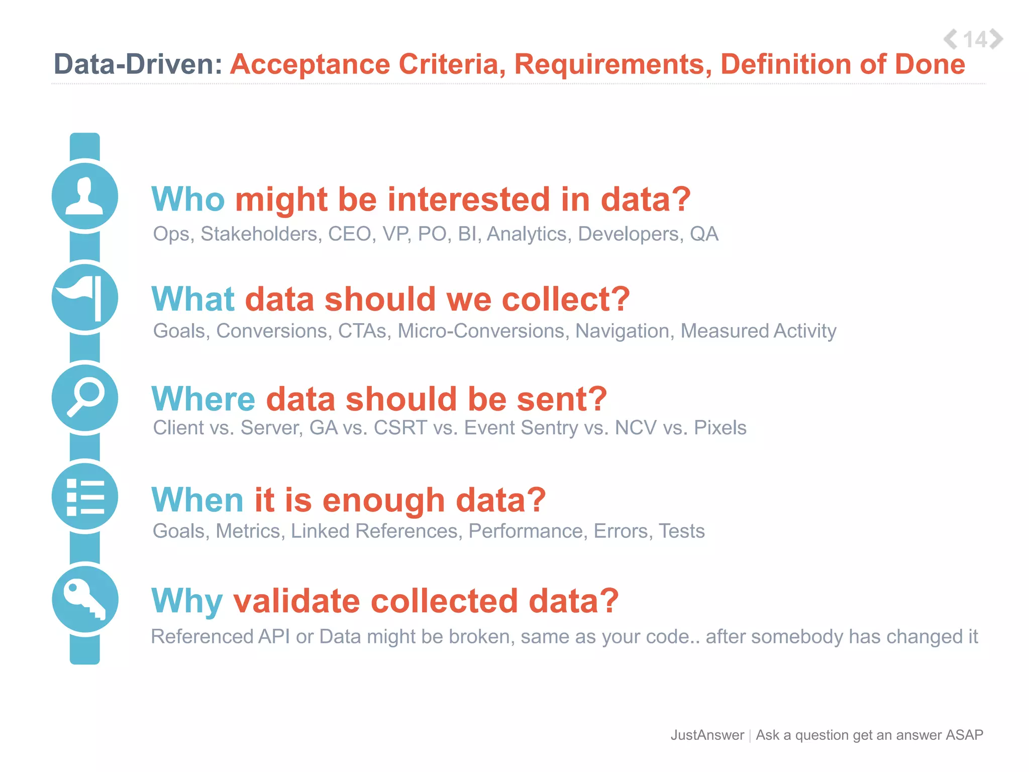 8 
Data-Driven: Acceptance Criteria, Requirements, Definition of Done 
Who might be interested in data? 
Ops, Stakeholders, CEO, VP, PO, BI, Analytics, Developers, QA 
Goals, Conversions, CTAs, Micro-Conversions, Navigation, Measured Activity 
Client vs. Server, GA vs. CSRT vs. Event Sentry vs. NCV vs. Pixels 
Goals, Metrics, Linked References, Performance, Errors, Tests 
JustAnswer | Ask a question get an answer ASAP 
What data should we collect? 
Where data should be sent? 
When it is enough data? 
Why validate collected data? 
Referenced API or Data might be broken, same as your code.. after somebody has changed it 
 