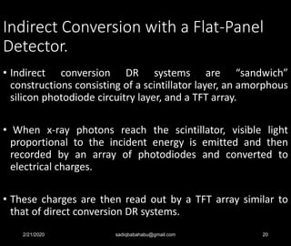 Indirect Conversion with a Flat-Panel
Detector.
• Indirect conversion DR systems are “sandwich”
constructions consisting of a scintillator layer, an amorphous
silicon photodiode circuitry layer, and a TFT array.
• When x-ray photons reach the scintillator, visible light
proportional to the incident energy is emitted and then
recorded by an array of photodiodes and converted to
electrical charges.
• These charges are then read out by a TFT array similar to
that of direct conversion DR systems.
2/21/2020 sadiqbabahabu@gmail.com 20
 