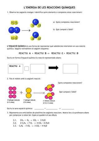 L’ENERGIA DE LES REACCIONS QUÍMIQUES
1. Observa les següents imatges i identifica quins elements o compostos estan reaccionant:

a) Quins compostos reaccionen?

b) Què compost s’obté?

L’EQUACIÓ QUÍMICA és una forma de representar què substàncies intervenen en una reacció
química. Segueix normalment el següent esquema:

REACTIU A + REACTIU B

REACTIU C + REACTIU D

Escriu en forma d’equació química la reacció representada abans:

REACTIU A

+

REACTIU B

PRODUCTE

2. Fes el mateix amb la següent reacció:
Quins compostos reaccionen?

Què compost s’obté?

Escriu la seva equació química: __________ + ____________

_____________

3. Representa ara amb botlles de plastilina les següents reaccions. Mostra-les a la professora abans
per comprovar si estan bé. Copia al quadern el seu dibuix

3.1.
3.2.
3.3.

CH4 + O2
CO2 + 2 H2O
2 C2H6 + 7 O2
4 CO2 + 6 H2O
C3H8 + 5 O2
3 CO2 + 4 H2O

 