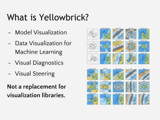 What is Yellowbrick?
- Model Visualization
- Data Visualization for
Machine Learning
- Visual Diagnostics
- Visual Steerin...