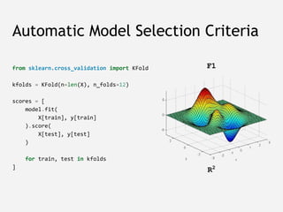 Automatic Model Selection Criteria
from sklearn.cross_validation import KFold
kfolds = KFold(n=len(X), n_folds=12)
scores ...