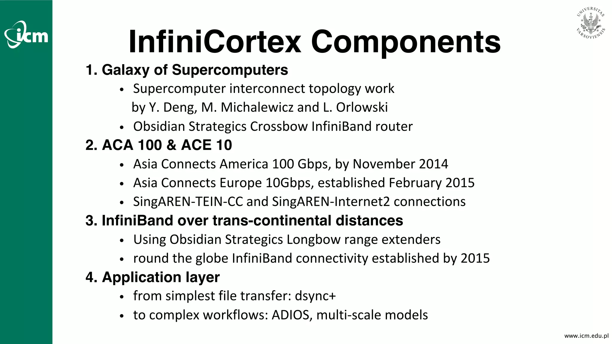 www.icm.edu.pl
InfiniCortex Components
1. Galaxy of Supercomputers
• Supercomputer	interconnect	topology	work	
by	Y.	Deng,	M.	Michalewicz	and	L.	Orlowski
• Obsidian	Strategics	Crossbow	InfiniBand	router
2. ACA 100 & ACE 10
• Asia	Connects	America	100	Gbps,	by	November	2014	
• Asia	Connects	Europe	10Gbps,	established	February	2015
• SingAREN-TEIN-CC	and	SingAREN-Internet2	connections
3. InfiniBand over trans-continental distances
• Using	Obsidian	Strategics	Longbow	range	extenders
• round	the	globe	InfiniBand	connectivity	established	by	2015
4. Application layer
• from	simplest	file	transfer:	dsync+	
• to	complex	workflows:	ADIOS,	multi-scale	models
 