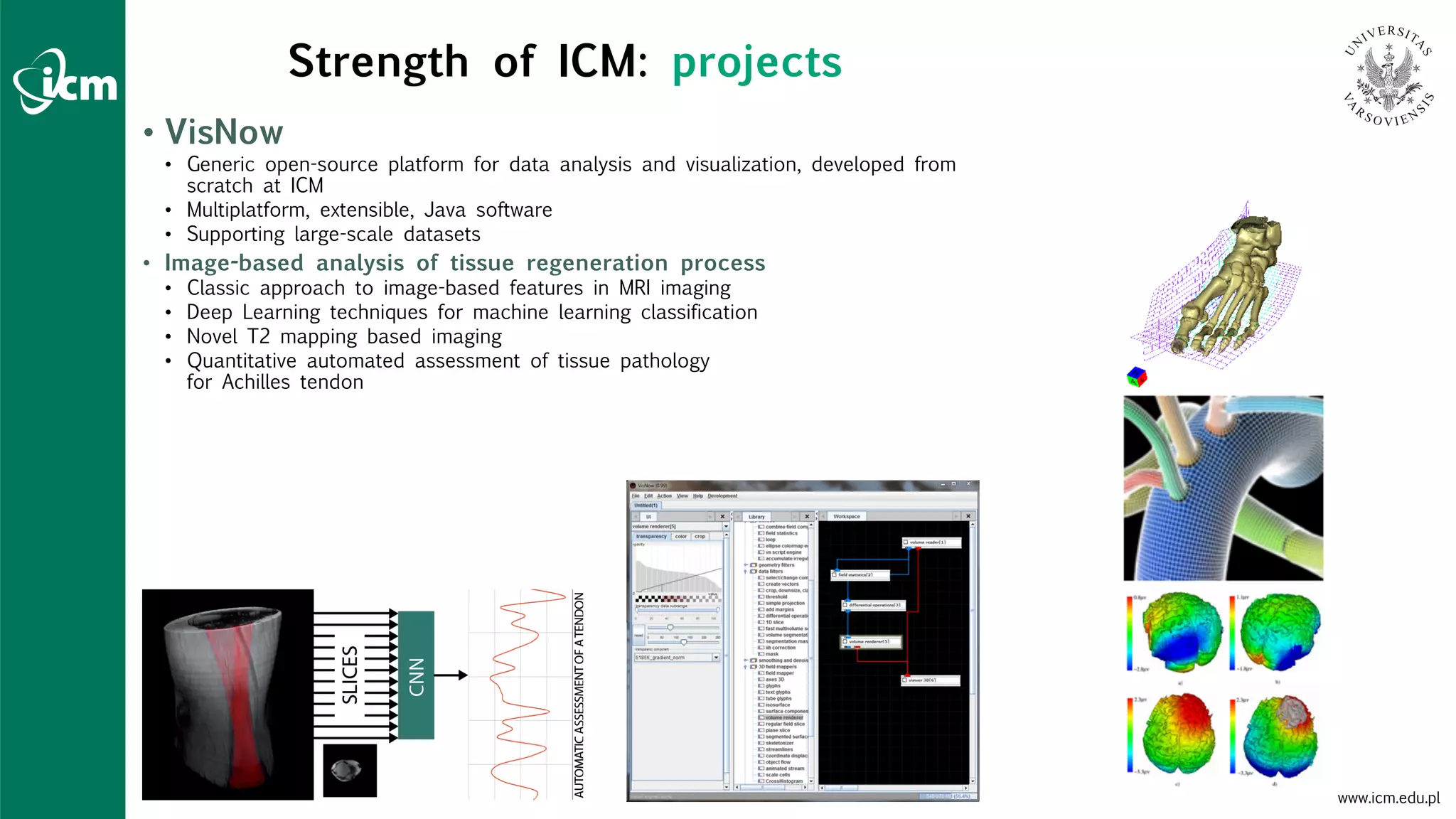 www.icm.edu.pl
• VisNow
• Generic open-source platform for data analysis and visualization, developed from
scratch at ICM
• Multiplatform, extensible, Java software
• Supporting large-scale datasets
• Image-based analysis of tissue regeneration process
• Classic approach to image-based features in MRI imaging
• Deep Learning techniques for machine learning classification
• Novel T2 mapping based imaging
• Quantitative automated assessment of tissue pathology
for Achilles tendon
Strength of ICM: projects
 