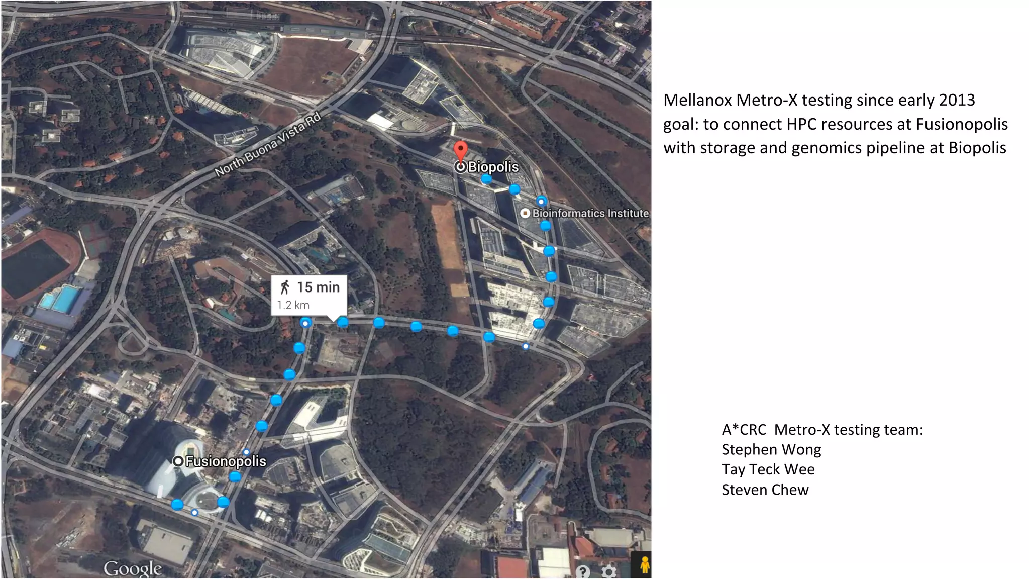 Mellanox	Metro-X	testing	since	early	2013
goal:	to	connect	HPC	resources	at	Fusionopolis	
with	storage	and	genomics	pipeline	at	Biopolis
A*CRC		Metro-X	testing	team:
Stephen	Wong	
Tay	Teck	Wee	
Steven	Chew
 